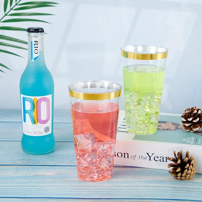 LIYH 100 Pcs Gold Plastic Cups - 16 oz Clear and Gold Rim Plastic Wine Cups, Big Size Fancy Disposable Party Cup Beverage Drinking Cup for Party & Wedding