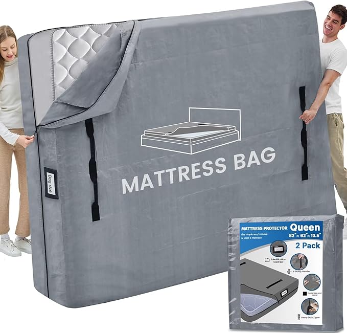 Mattress Bags for Moving and Storage, BETU Queen Mattress Protector Waterproof Mattress Cover with 8 Heavy Duty Handles and Zipper Extra Thick Moving Supplies for Bed (2 Pack:82x62x13.5 Grey)