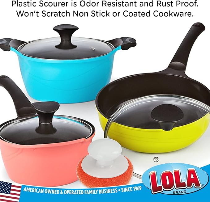 LOLA Plastic Mesh Non-Scratch Scouring Pad, 6 Pack, Hand Saving Comfort Knob, Red, Blue or Yellow It's Random, Clean Pots, Pans, Sinks