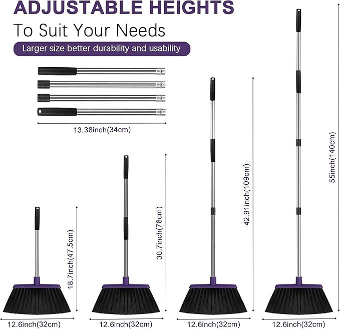 Heavy Duty Angle Broom, 55-Inch Long Handle Extra Wide 12.6 Inch Head, Stainless Steel Tube & PP Bristles for Pet Hair and Dust, Floor Safe - Purple