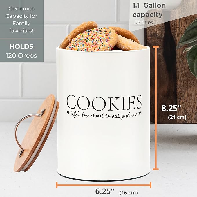 D'Lifeful Cookie Jar with Airtight Bamboo Lid – 1.1 Gallon Cute and Decorative Cookie Storage for Kitchen Countertop – Farmhouse Storage Tin for Freshness – Great Gift Idea (Off White)