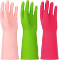 3 Pairs Rubber Cleaning Gloves Latex Free Dishwashing Gloves - 13" Reusable Nitrile Gloves Large, Green+Pink+Red