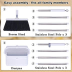 Heavy Duty Broom and Standing Dustpan Combo Set, Rotatable Head Dust Pan and Brush Set with Collapsible Handle, Cleaning Teeth, Hanging Loop, Ideal for Pets, RV, Kitchen, Camping, Outdoor Floor, White