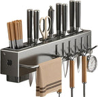 Utensil Holder – Kitchen Wall Organizer | No-Drilling Wall Mount Cutlery Storage Rack With Hooks, Towel Hanger For Spatula, Spoon, Mug & Kitchen Accessories Organization And Space Saving
