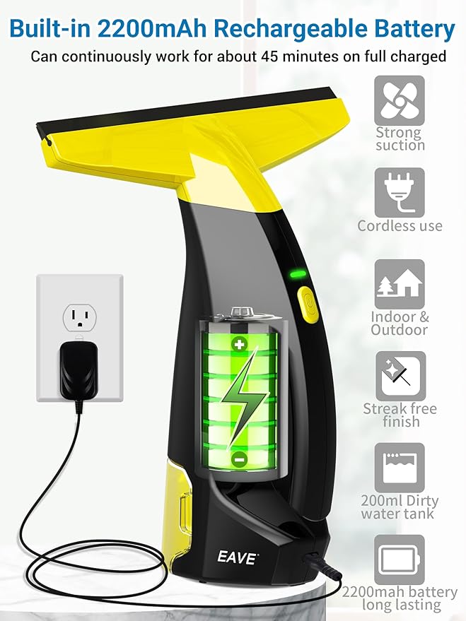 Rechargeable Window Vac, Power Window Vacuum Cleaner Set, Window Squeegee Electric Cleaning Tool for Windows, Tiles, Mirrors, 200ml Water Tank