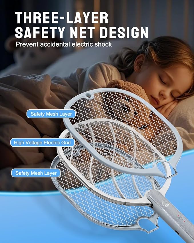 Electric Fly Swatter, 3800V Handheld Bug Zapper Racket, Type-C Rechargeable, Mosquito Zapper for Indoor Outdoor, 3-Layer Safety Mesh, Easy to Use, Lightweight (Basic 2 Pack)