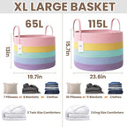 JMvicyroam 65L Extra Large Blanket Basket for Living Room - Woven Cotton Rope Laundry Hamper with Reinforced Handles - Storage Bin for Pillows, Comforters & Toys - Machine Washable,Rainbow