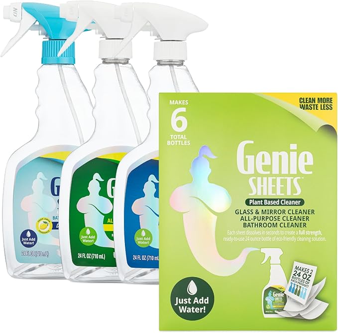 Genie Sheets All Purpose, Glass and Bathroom Cleaners Combo Pack | Concentrate Makes 6 24oz Refills with Spray Bottles | Just Add Water | Eco-Friendly Plant-Based | 6 Sheets