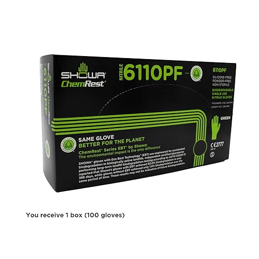 SHOWA 6110PF Sustainable EBT Latex-Free, Powder-Free, Nitrile Disposable Single Use Safety Gloves, 4 Mil, 9.5" Length, Large (1 Box/100 Gloves)
