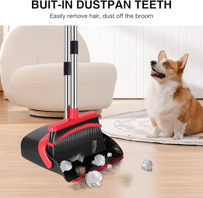 NACENA Broom and Dustpan Set, 52-in Long Adjustable Handle Broom Dustpan Combo with Dustpan Teeth to Automatically Clean Hair Suitable for Home Kitchen Office Hall Floor（Black&Red）