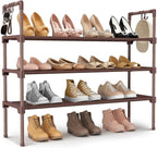 LANTEFUL 3 Tier Shoe Rack for Closet Shoe Organizer with 5 Hooks, Long Shoe Shelf Storage for Shoe and Boot Stackable Free Standing Shoe Rack for Entryway, Garage, Small Spaces, Dorm, Brown