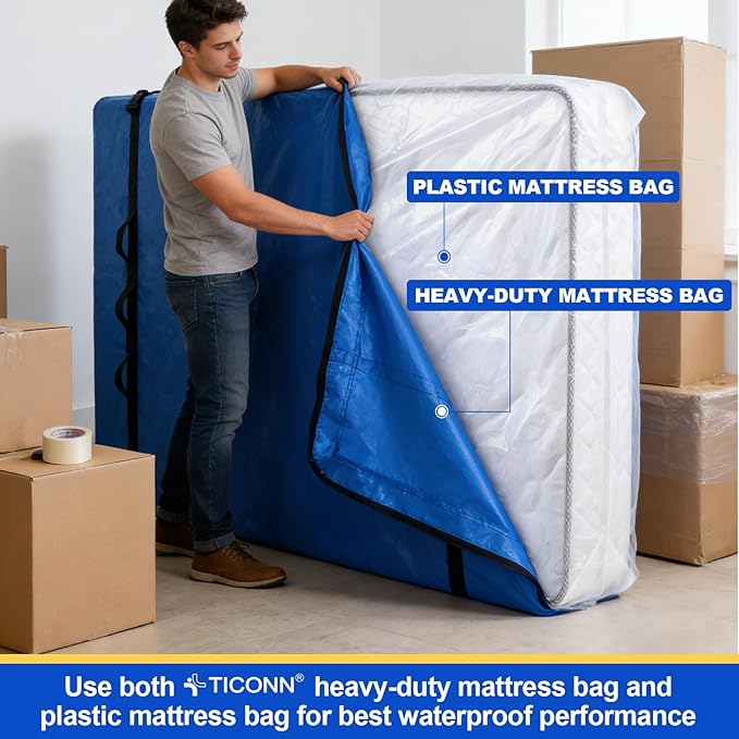 TICONN 2PK Plastic Mattress Bag for Moving Storage, Waterproof Mattress Protector Cover, Heavy-Duty Mattress Moving Supplies (4 mil, King)