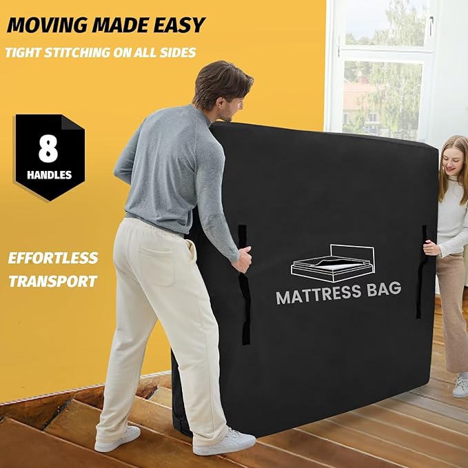 Mattress Bags for Moving and Storage, BETU Full Size Waterproof Mattress Protector Mattress Cover with 8 Heavy Duty Handles and Zipper Extra Thick Moving Supplies for Bed Reusable (77x57x13.5 Black)
