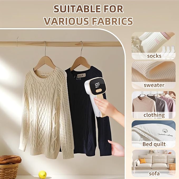 Rechargeable Lint Remover, Fabric Shaver Fuzz Remover, Sweater Shavers with 6-Leaf Blades, 3-Speeds Digital LED Display to Remove Pilling for Clothing and Furniture, Lint Ball, White