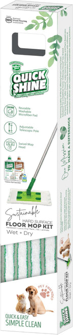 Quick Shine Sustainable Hard Surface Floor Clean + Polish Mop Kit w/ 1 Reusable Pad | Hardwood, Luxury Vinyl Plank, Tile & Laminate | Use Wet + Dry | Perfect to Apply Finish | Squirt, Spread, Done