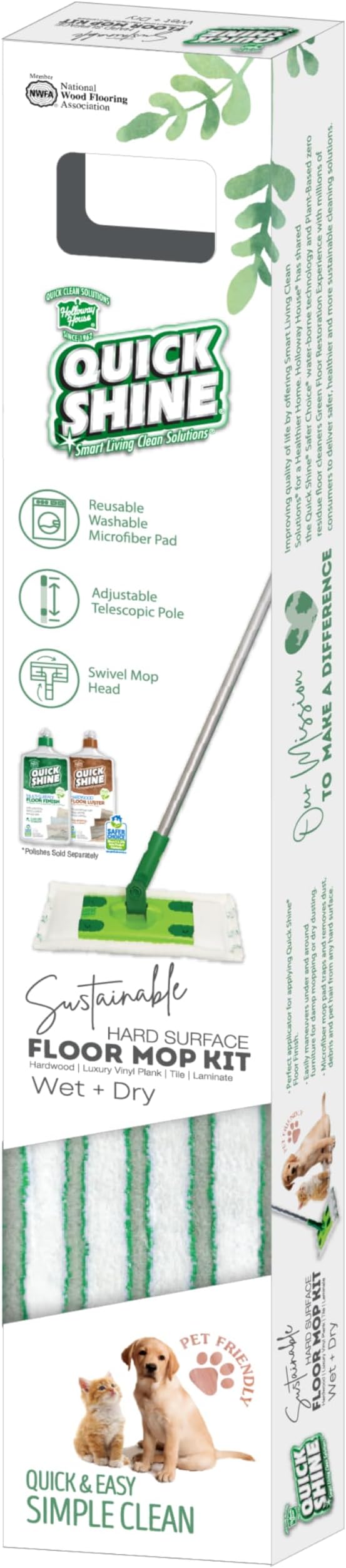 Quick Shine Sustainable Hard Surface Floor Clean + Polish Mop Kit w/ 1 Reusable Pad | Hardwood, Luxury Vinyl Plank, Tile & Laminate | Use Wet + Dry | Perfect to Apply Finish | Squirt, Spread, Done