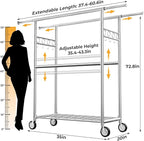 Heavy Duty Clothes Rack Load 1060LBS, Four Rods Rolling Clothing Racks for Hanging Clothes, Rolling Garment Rack With Sturdy Wheels Shelves Hooks, Portable & Adjustable Commercial Garment Rack, Silver