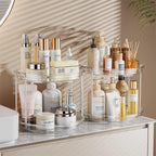 LAMU Rotating Makeup Organizer for Vanity, 10.6in 2 Tier Lazy Susan Turntable Stackable Spinning Skincare Organizer Cosmetic Perfume Tray Display for Bathroom Counterop, Large Capacity, Clear