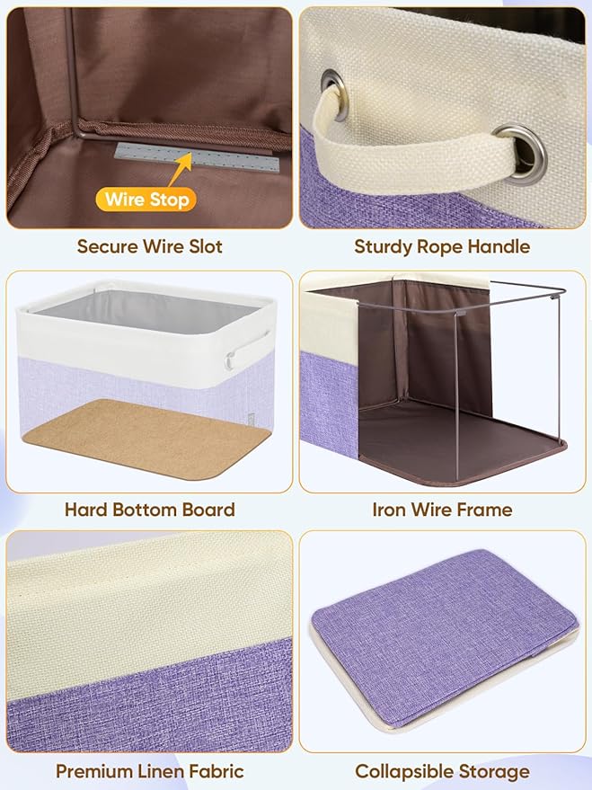 BALEINE 1 Pack Fabric Storage Bins for Shelves, Linen Storage Baskets for Organizing, Decorative Closet Bins for Clothes, Home (Lavender, 17''x13''x10.5'')