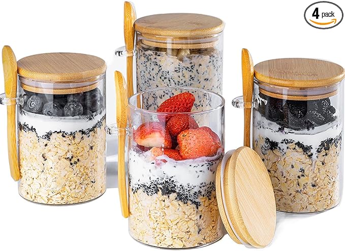 MHDCLY Overnight Oats Containers with Lids,16oz Overnight Oats Jars 4 Pack, Oatmeal Cups,Meal Prep Containers,Glass Meal Prep Containers with Lids,China Pudding Jars