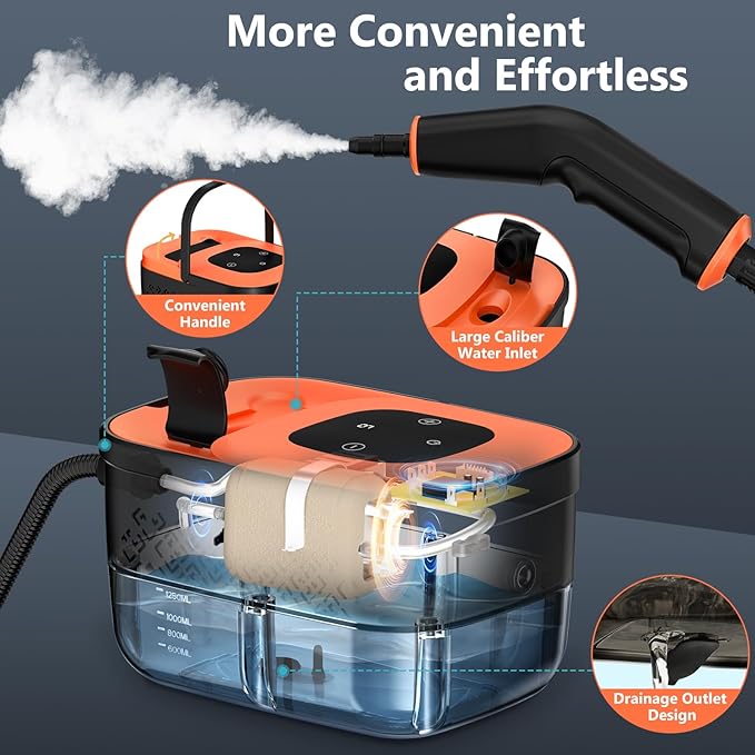 Steam Cleaner, Portable Steamer for Cleaning with 16pcs Accessories, 6-Level Adjustable, 15s Heat-Up, Handheld Steam Cleaner for Home for Tile, Grease, Dirt, Grout, Car Detailing, Orange