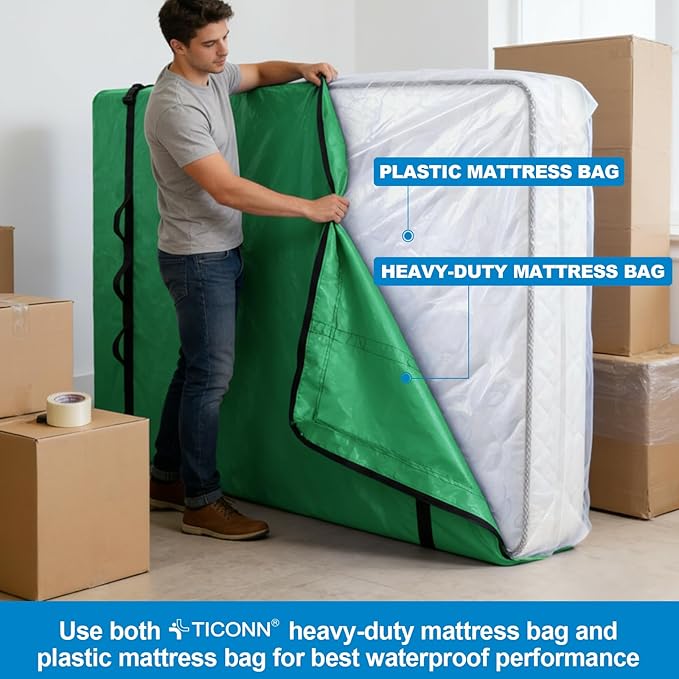 TICONN Mattress Bags for Moving, Heavy Duty Full Mattress Cover Storage Bag with Full-Around Handle and Adjustable Buckles (Green, Full)