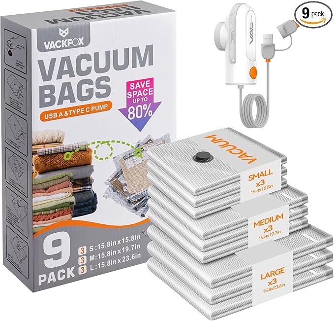 Travel Vacuum Bags with USB & TYPE C Pump, 9 Pack Carry-On Vacuum Storage Bags for Luggage & Suitcase, Vacuum Luggage Bags, Space Saver for Clothes & Travel(Grey)