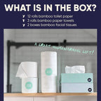 Bamboo Toilet Paper, Paper Towels, and Tissues - Compact Bundle Box for Eco-Friendly Households - 12 rolls bamboo toilet paper, 3 rolls bamboo paper towels, and 2 boxes bamboo facial tissues