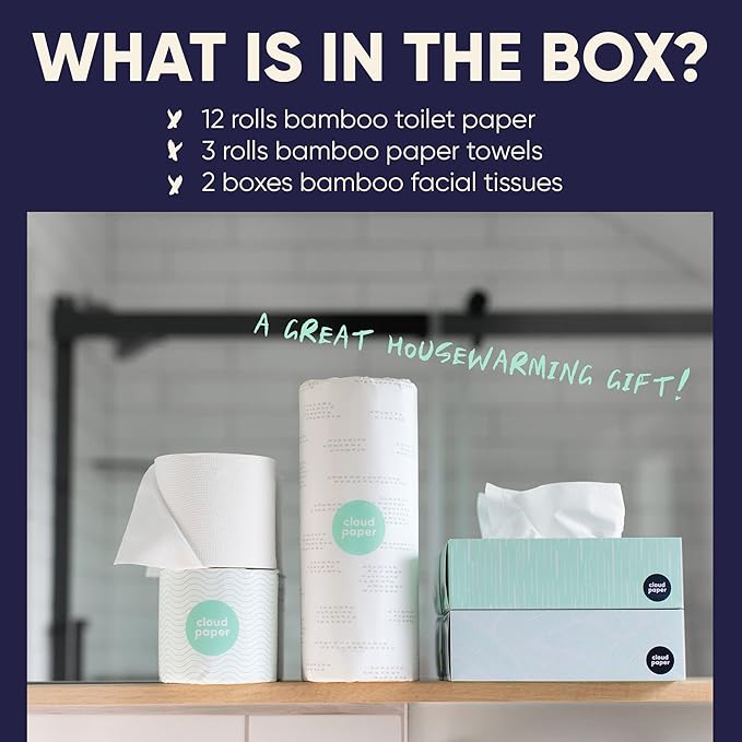 Bamboo Toilet Paper, Paper Towels, and Tissues - Compact Bundle Box for Eco-Friendly Households - 12 rolls bamboo toilet paper, 3 rolls bamboo paper towels, and 2 boxes bamboo facial tissues