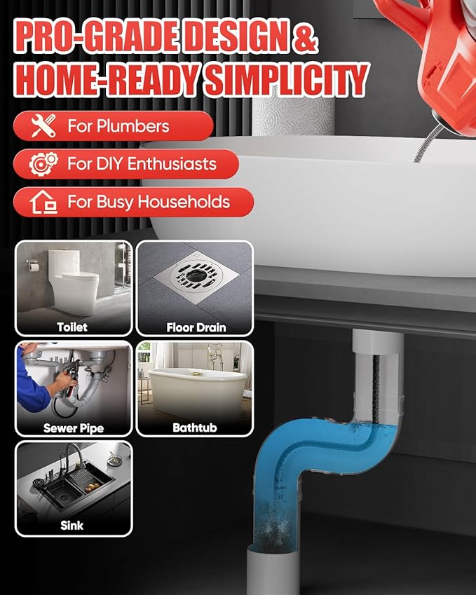 20V Cordless Electric Drain Snake, 25Ft Replaceable Cable with 2.0Ah Battery & Fast Charger, Storage Bag & Gloves, Snake Drain Hair Removal Tool with LED Light for Sink&Sewer 3/4"-2" Pipe