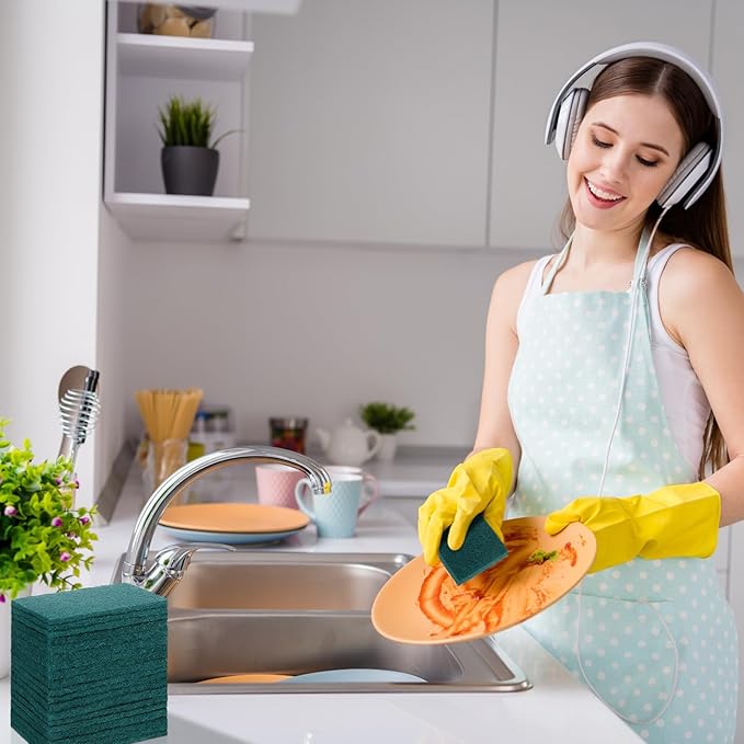 Hoolerry 200 Pcs Heavy Duty Scouring Pads Non Scratch Household Scrub Pads for Cleaning Reusable Pan Scrubber Anti Grease Scrubbing Pads for Dish Kitchen Metal Grills, 4.3 x 3 x 0.3 in (Green)