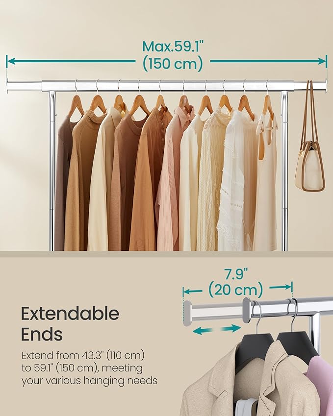 SONGMICS Clothes Rack with Wheels, Heavy-Duty Garment Rack with Extendable Hanging Rod, 286.6 lb Load Capacity, 17.7 x (43.3-59.1) x 64.1 Inches, Chrome-Plated, Silver UHSR11S