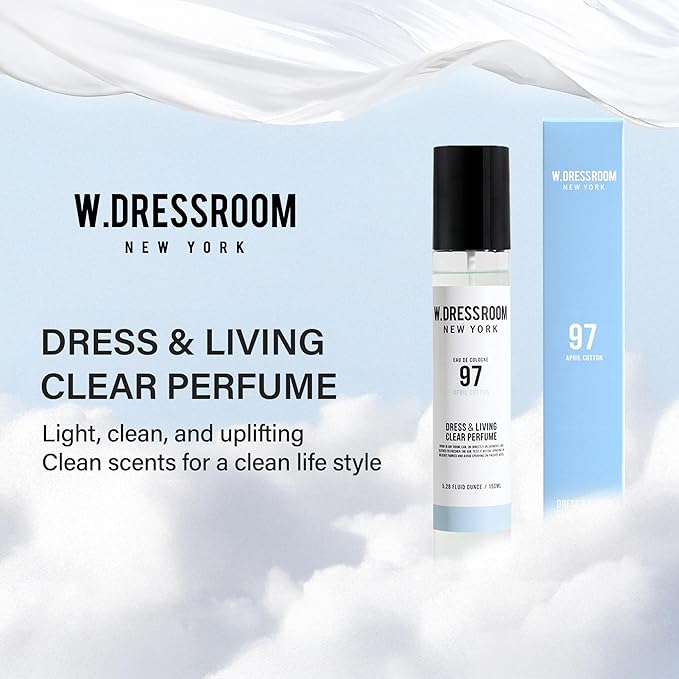 W.Dressroom No.97 April Cotton Living Clear Perfume, Body Mist & Fabric Spray Deodorizer, Alcohol-Free Water-Based, Odor Neutralizer for Clothes, Bedding & Room, Travel Size 2.36 oz