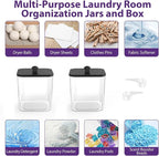 COAZEX 2 Pack Clear Laundry Pods Container, Plastic Square Laundry Room Organization and Storage Jars with Black Lids, Scoops & Labels for Detergent, Powder, Dryer Balls