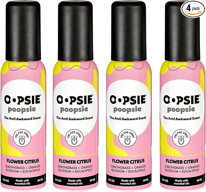 OOPSIE POOPSIE - Flower Citrus - Before & After You Go Toilet Spray 2oz - Portable Odor Eliminator - 4 Pack
