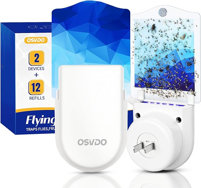 Flying Insect Trap, Plug-in Fruit Fly Traps for Indoors, (2 Devices + 12 Refills) Fly Traps Indoor, Fly Bug Zappers, Fly Catch Mosquitos, Flies, Fruit Flies, Moths, Gnats for Home Safe