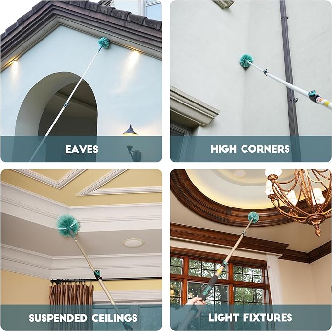 TelesPro 30 Feet High Reach Cobweb Duster with 6-24Ft Extension Pole, Webster Cobweb Duster with 5-Stage Telescopic Aluminum Pole, Spider Web Brush for Outdoor & Indoor Cleaning - Soft Bristles.