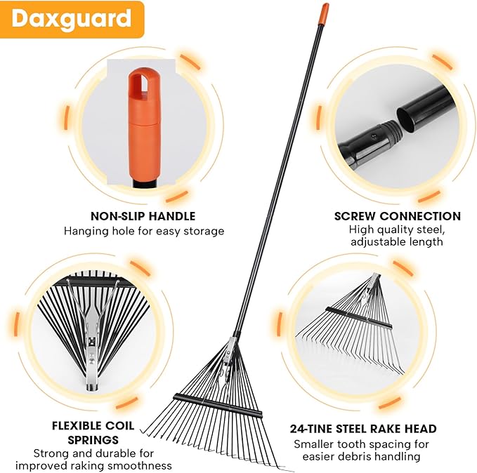46 HRC Steel Gardening Leaf Rake, 24 Tines 23.2" Wide,Adjustable Split Long Handle 33-67",Suitable for Raking Leaves and Lawn Tidying,Garden rake and thatch rake Suitable for Adults