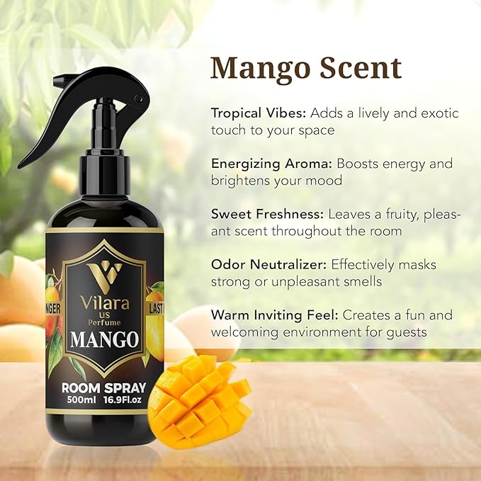 Vilara US Room Spray Freshener – Long-Lasting Luxury Perfume Scent, Linen & Fabric Spray for Bedding, Furniture, Home & Bedroom Aromatherapy – 16.9 fl oz (Mango Pack 3)