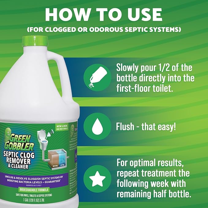 Green Gobbler EMERGENCY Septic Sludge Remover - Septic Tank Clog Remover Treatment for Clogs, Back-Ups & Foul Odors, and Overflow Prevention - 1 Gallon