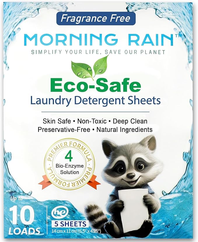 MorningRain Eco Laundry Detergent Sheets - Ingredients from Finland, Unscented, Bio-Enzyme Formula, Power Clean, 5 Sheets (Up to 10 Loads) - Non-Toxic, Preservative-Free, Skin Safe, Designed in USA