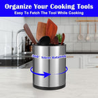 2 Pcs Kitchen Utensil Holder Set, 360° Rotating Stainless Steel Large Cooking Utensil Holder for Kitchen Counter with Removable Base, 3 Compartment Flatware Caddy for Knife Spoon Fork Spatula Tools