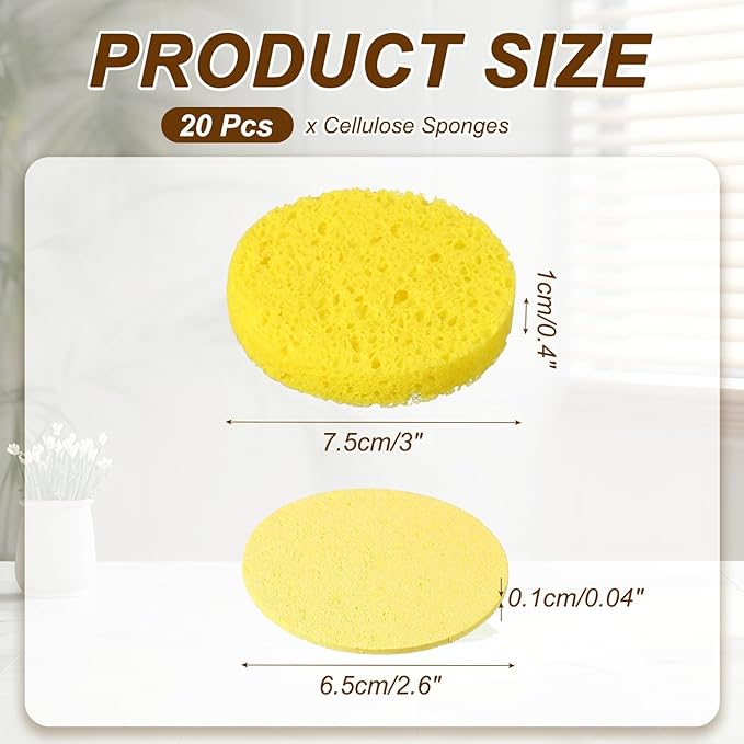 uxcell 20Pcs Cellulose Sponges, Round Kitchen Clean Sponges Non-Scratch Compressed Dish Scrubber for Kitchen Household Cookware Bathroom Cleaning & DIY, Gold