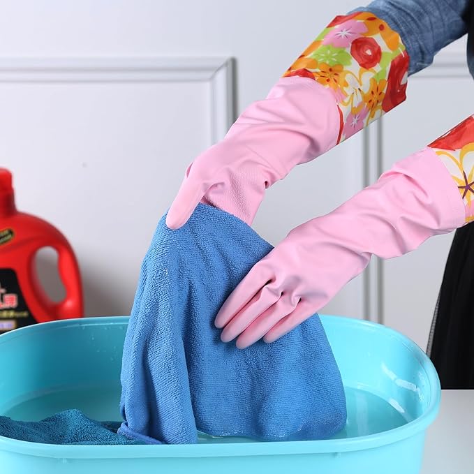 Bamllum 3 Pairs Rubber Cleaning Gloves, Household Kitchen Dishwashing Gloves with Cotton Flocked Liner, Long Cuff 16 Inches, Reusable, Non-Slip (Large, Blue+Pink+White)