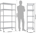 Homdox 5 Tier Adjustable Rolling Storage Shelves, Heavy Duty Wire Racks and Shelving, Metal Shelves for with Side Hooks Pantry Closet Kitchen Garage Organization, Silver Gray