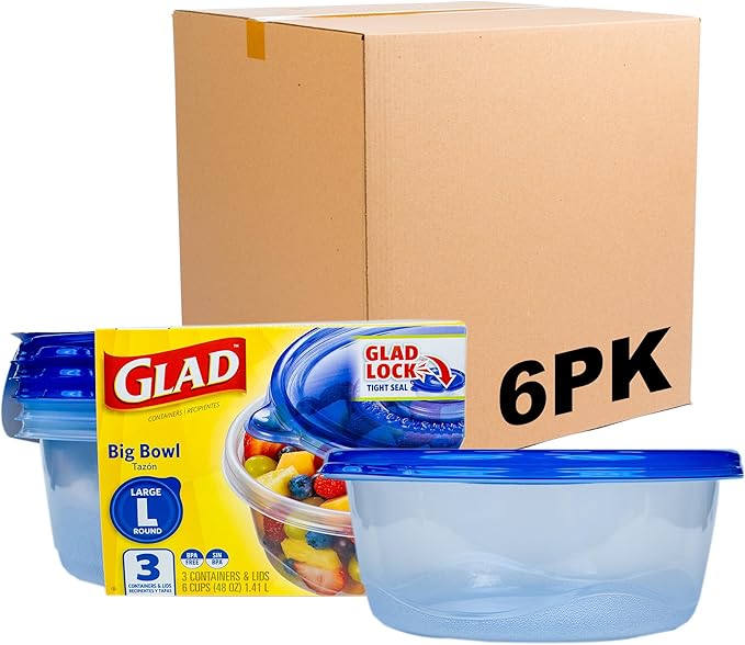 Glad GladWare Big Bowl Food Storage Containers with Lids, Large Round BPA Free Plastic Containers for Soups, Salads, and Meal Prep, Lock Tight Seal, Microwave Dishwasher Safe, 48 Oz, 3 Count - 6 Pack