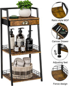 keomaisyto 3-Tier Bathroom Shelves with Canvas Drawer, Floor Bathroom Storage Shelf, Small Storage Stand Rack, Freestanding Ladder Shelf for Living Room Bedroom, Rustic Brown