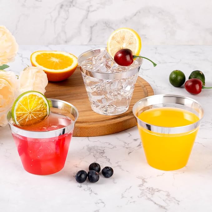 Goodluck 100PCS 9oz Plastic Cups for Party, Disposable Silver Cups, Plastic Cocktail Glasses for Wedding Thanksgiving, Christmas, and Parties