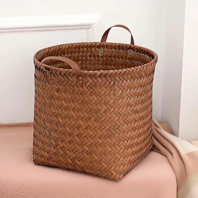 GIB Wicker Storage Baskets for Shelves, 11"x12" Round Woven Storage Cube Bins Organizer, Faux Rattan Wicker Blanket Basket for Organizing Clothes Toys Laundry Closet, 4 Pack, Brown