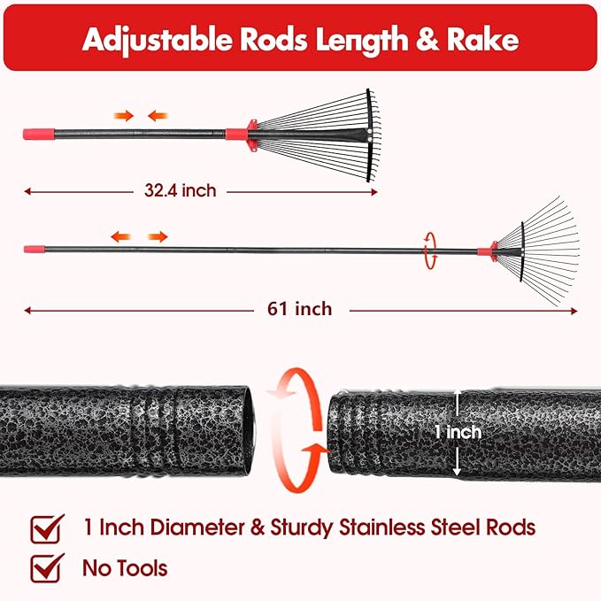 BsBsBest 61 Inch Rake for Leaves with 18 Metal Tines 10-18" Expandable Head Rakes Adjustable Handle for Lawn Leaf Rake Yard Tools for Collecting Leaves, Grass Clippings, Garbage